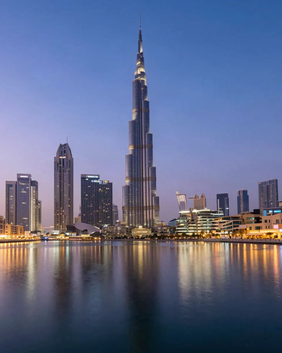 Downtown Dubai at dusk, with Burj Khalifa reflected in the water